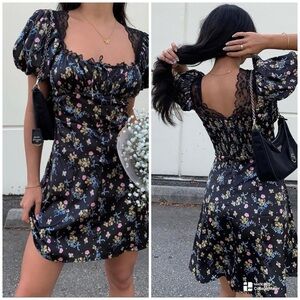 For Love and Lemons August Black Floral Bow Tie Puff Sleeve Lace Mini Dress